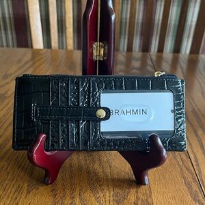 Brahmin Black Croc-Embossed Leather Credit Card Wallet with Gold toned hardware